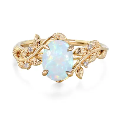 10K Gold Oval Cut Ivy Engagement Ring Nature Inspired Birthstone Leaf Vine Art Deco Wedding Promise Anniversary Rings fa