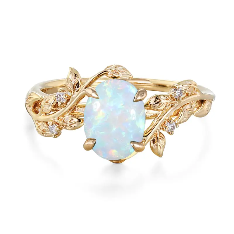 10K Gold Oval Cut Ivy Engagement Ring Nature Inspired Birthstone Leaf Vine Art Deco Wedding Promise Anniversary Rings fa