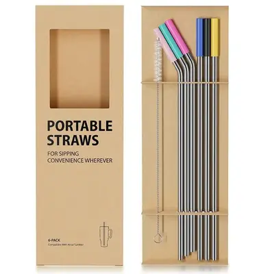 Reusable Drinking Straw Set Box with Cleaning Brush (7 Counts/set), Stainless Steel Straws with Silicone Straw Sleeves Design...