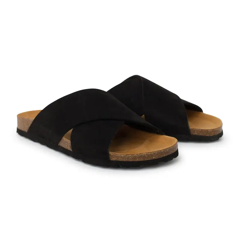 Alacant Vegan Suede Leather Slide Cork Sandal - Black | Select size: 7 US (38EU) | Color: Black