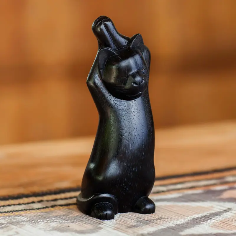 NOVICA Black Cat Stretch Wood sculpture
