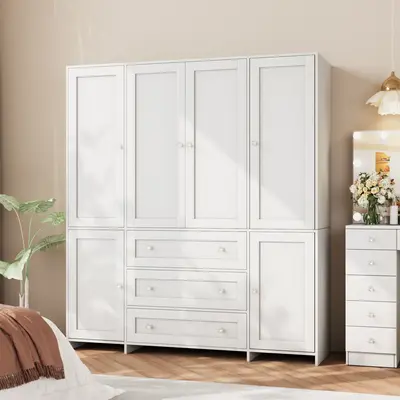 【2 Packages Delivery】VOWNER  Wardrobe Bedroom Tall Armoire Closet Organizer with 3 Big Drawers Large 4 Doors Mirror Hangi...