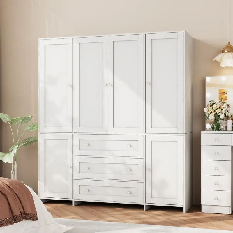 【2 Packages Delivery】VOWNER  Wardrobe Bedroom Tall Armoire Closet Organizer with 3 Big Drawers Large 4 Doors Mirror Hangi...