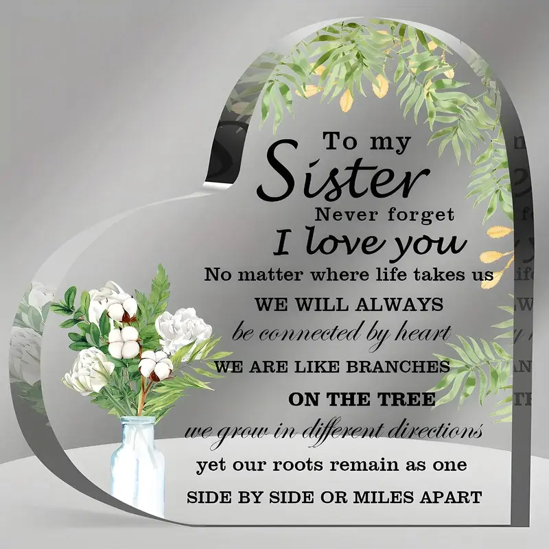 Heart Shaped Flowers Letter Pattern Acrylic Plaque, Sister Gift Floral Desktop Decoration Sign, Home Decor Supplies for Livin...