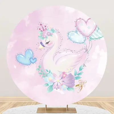 Purple Floral Balloons Swan Round Birthday Backdrop - Aperturee
