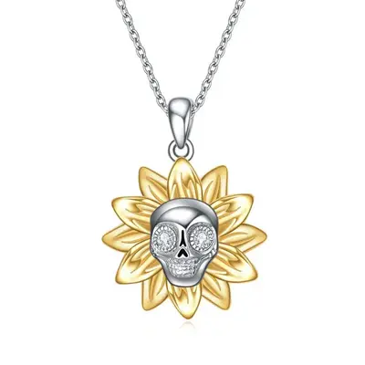 Sterling Silver Two-tone Sunflower & Skull Pendant Necklace for Women Men