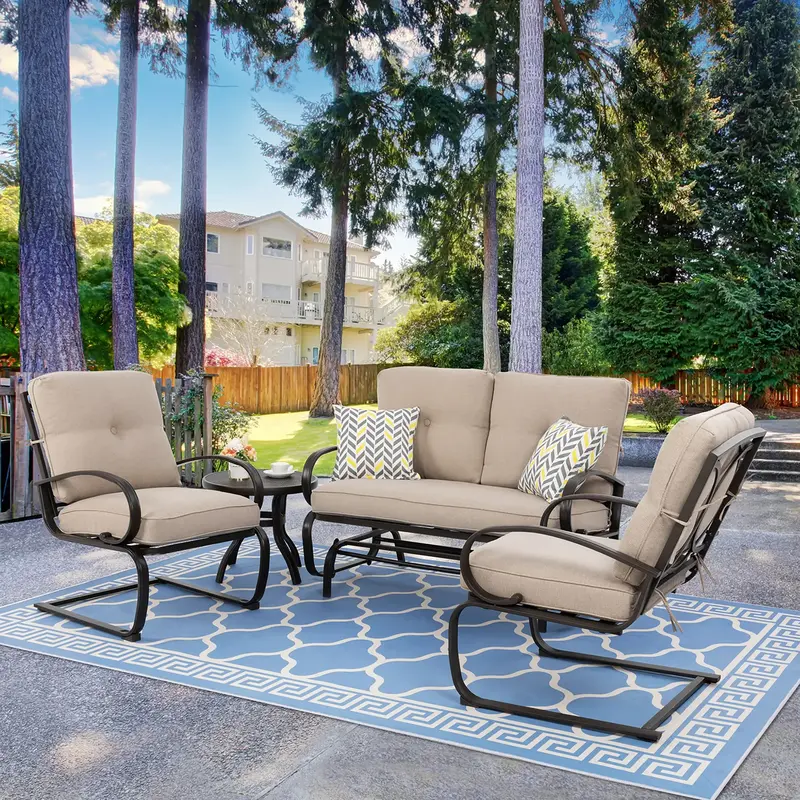 Walsunny 4 Pieces Outdoor Metal Conversation Set with Spring cushion Chairs, Loveseat couch & Coffee Table for Yard, Lawn, Po...