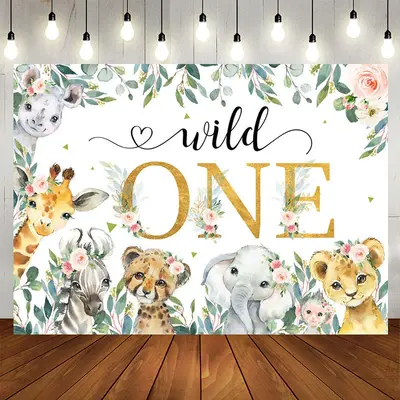 Aperturee Floral Leaf Wild Animals Happy 1st Birthday Backdrop
