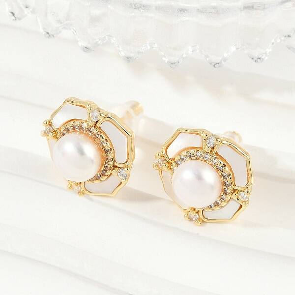 Flower Brass Clear Cubic Zirconia Stud Earrings