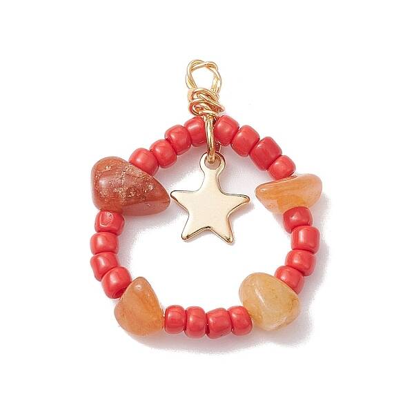 Natural Red Aventurine Chips & Glass Seed Pendants