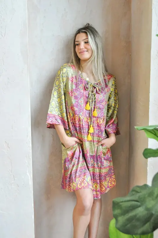 Willow Peasant Dress Upcycled | Size: L/XL | Color: Earth Tones