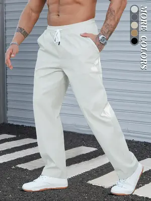 Men's Solid Pocket Adjustable Drawstring Waist Pants, Regular Fit Casual Basic Comfort Trousers for Summer Spring Fall, Men's...