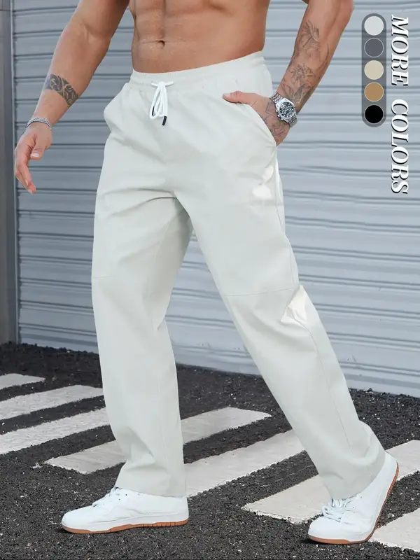 Men's Solid Pocket Adjustable Drawstring Waist Pants, Regular Fit Casual Basic Comfort Trousers for Summer Spring Fall, Men's...