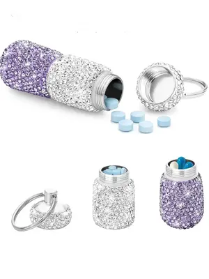 Rhinestone Decorated Portable Pill Box Keychain, Portable Pill Case Organizer Keychain, Key Ring for Women & Men, Accessories...