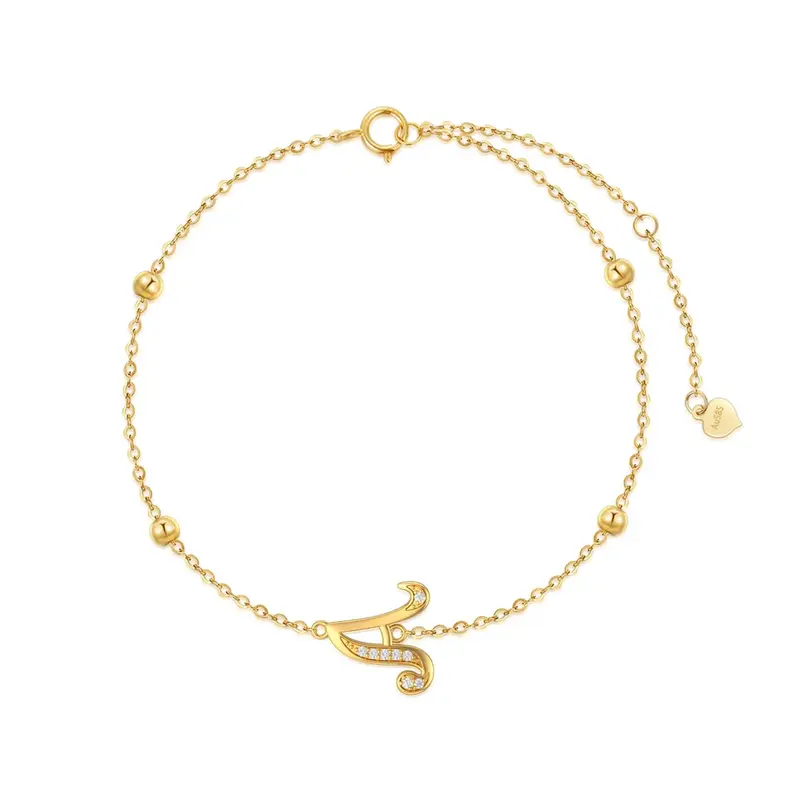 14K Gold Cubic Zirconia Bead Charm Bracelet with Initial Letter A
