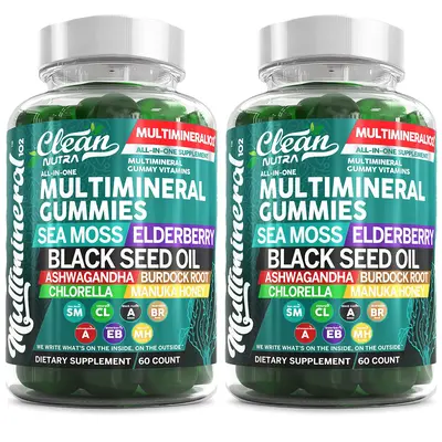 2Pack Sea Moss Gummies Multimineral Ashwagandha Black Seed Oil Gummy Vitamins Green Apple Flavor