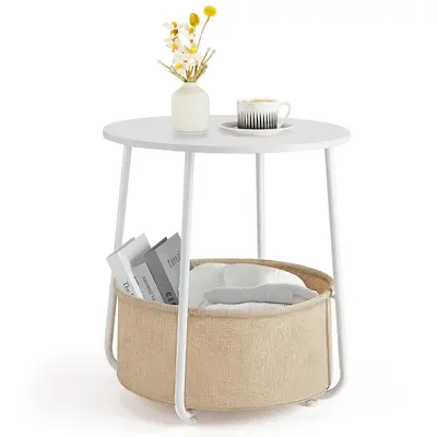 【Deal】SweetFurniture Modern Round Side End Table with Fabric Basket, Small Nightstand for Living Room, Bedroom, Nursery