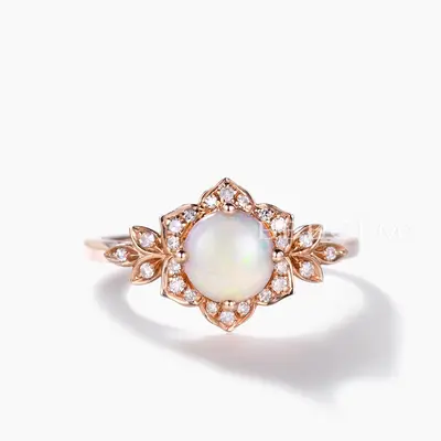 Round White Opal and Moissanite Diamond Engagement Ring Halo Floral
