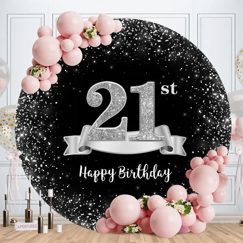 Aperturee Sliver And Black Round 21st Happy Birthday Backdrop