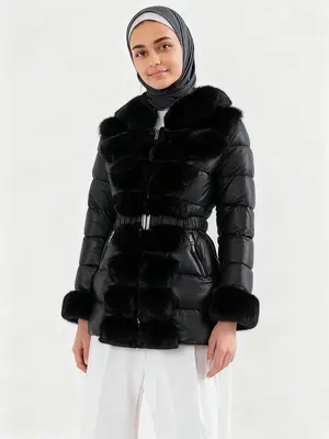 Women's Plus Size Hooded Cotton Jacket, Elegant Warm Fall Winter Coat with Fleece Trim, Waist Belt Design, Casual Outerwear