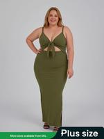 【Plus Size】 Solid Color Cut Out Cami Maxi Dress, Casual Fashion Spaghetti Strap Ribbed Long Dress for Daily Outdoor Wea...