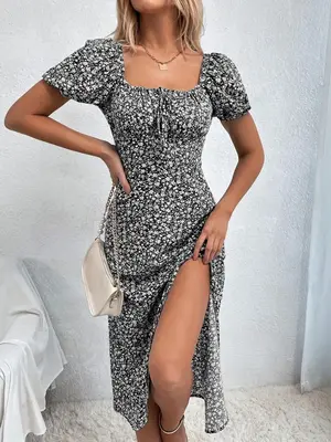Women's Frenchy Style Ditsy Floral Print Dress, Milkmaid Dress, Boho Fashion Puff Sleeve Square Neck Dress for Daily Holiday ...