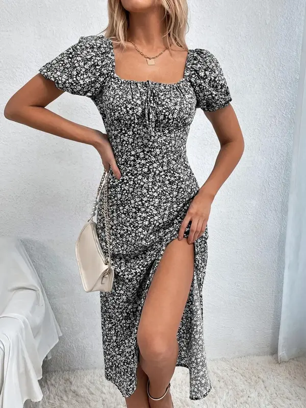 Women's Frenchy Style Ditsy Floral Print Dress, Milkmaid Dress, Boho Fashion Puff Sleeve Square Neck Dress for Daily Holiday ...