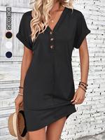 Women's Plain Button V Neck Tee Dress, Casual Comfort Shortsleeve Batwing Sleeve Short Dress for Summer, Fashion Women's Dres...