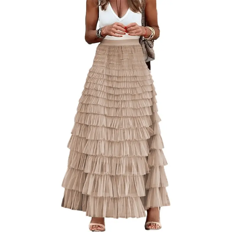 Tulle Maxi Skirts Long Tulle Skirt Women Layered Tiered Long Maxi Tulle Skirt Khaki Mesh A Line Flared Elastic Waist Party Sk...