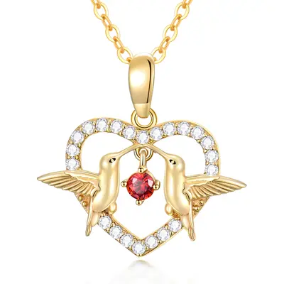 14K Gold Cubic Zirconia Hummingbird Heart Pendant Necklace