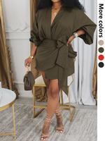 Women's Plain Knot Front Wrap Lantern Sleeve Dresses, Casual Elegant V Neck Long Sleeve Short Dresses for Spring & Fall, Ladi...