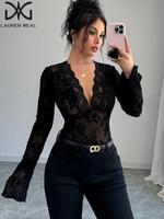 Women's Floral Lace Flounce Sleeve Tee, Elegant Deep V Neck Long Sleeve Top for Party Holiday Vacation, Ladies Clothes for Al...