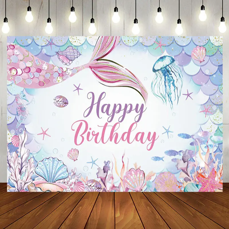 Aperturee Colorful Undersea Mermaid Happy Birthday Backdrop