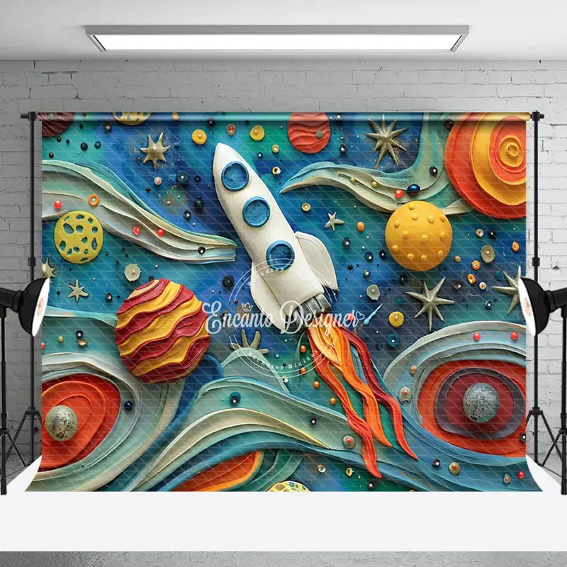 Spacecraft Planet Star Blue Birthday Photo Backdrop - Aperturee