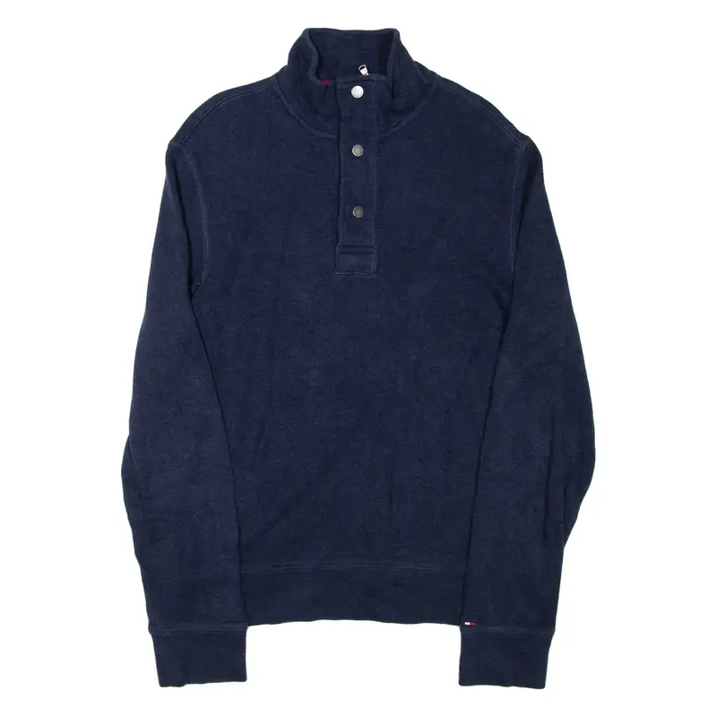 TOMMY HILFIGER Mens Jumper Blue Button Neck Tight Knit S