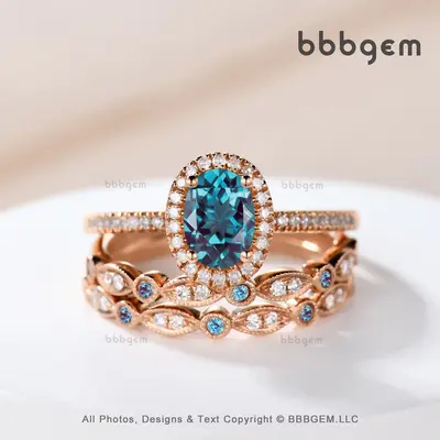 3pcs alexandrite bridal ring set