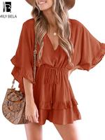 Women's Plain Ruffle Trim Tie Front Romper, Casual Fitted Basic Romper for Beach Holiday Vacation, Ladies Clothes for All Sea...
