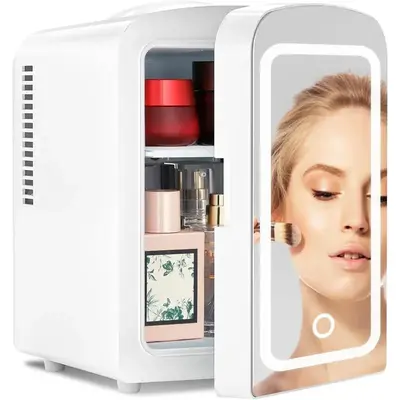 COWSAR 4L Mini Refrigerator for Skincare , Mirrored Door with Light, Personal Fridge, White/Black