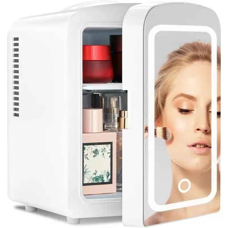 COWSAR 4L Mini Refrigerator for Skincare , Mirrored Door with Light, Personal Fridge, White/Black