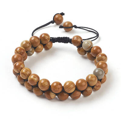 Adjustable Natural Petrified Wood Braided Bead Bracelets