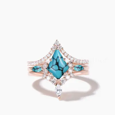 3PC Ring Set 1CT Kite Cut Turquoise Engagement Ring Diamond Curved Band