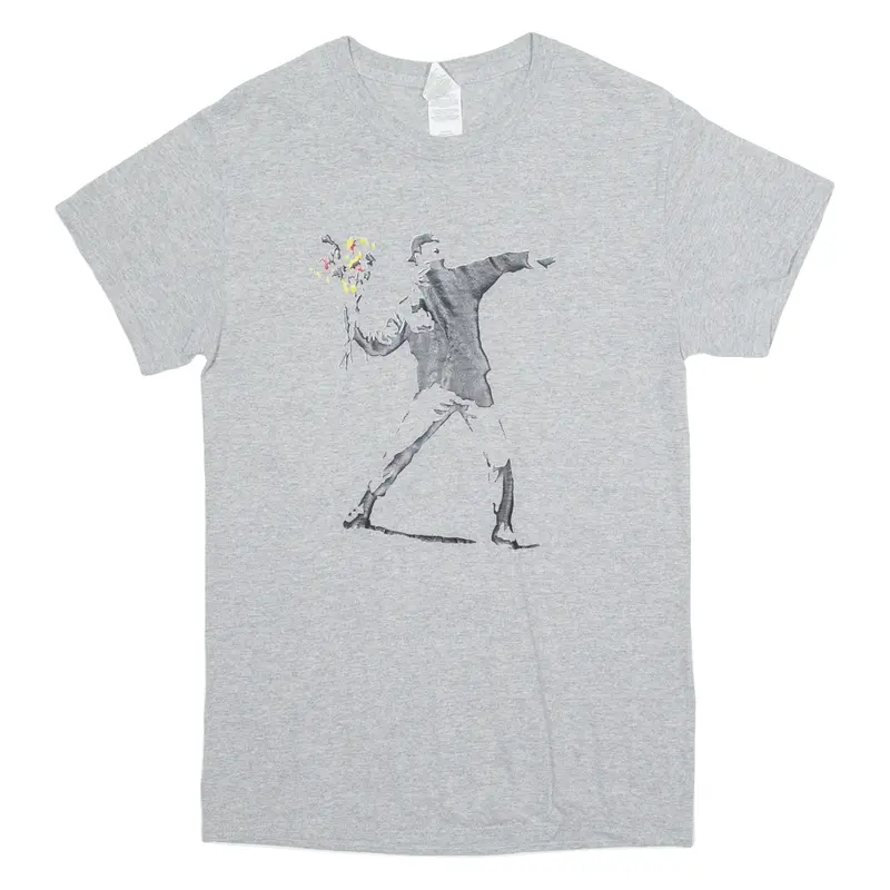GILDAN Banksy Mens T-Shirt Grey Crew Neck S
