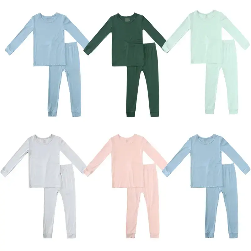 2024 Bamboo Fiber Kids Clothes Pajamas Set Solid Hight Elasticity Breathable Long Sleeve T-shirt+Pants Sleepwear Children Boy...