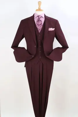 Burgundy Classic Fit Vested Suit - Men's Two Button Pleated Pant