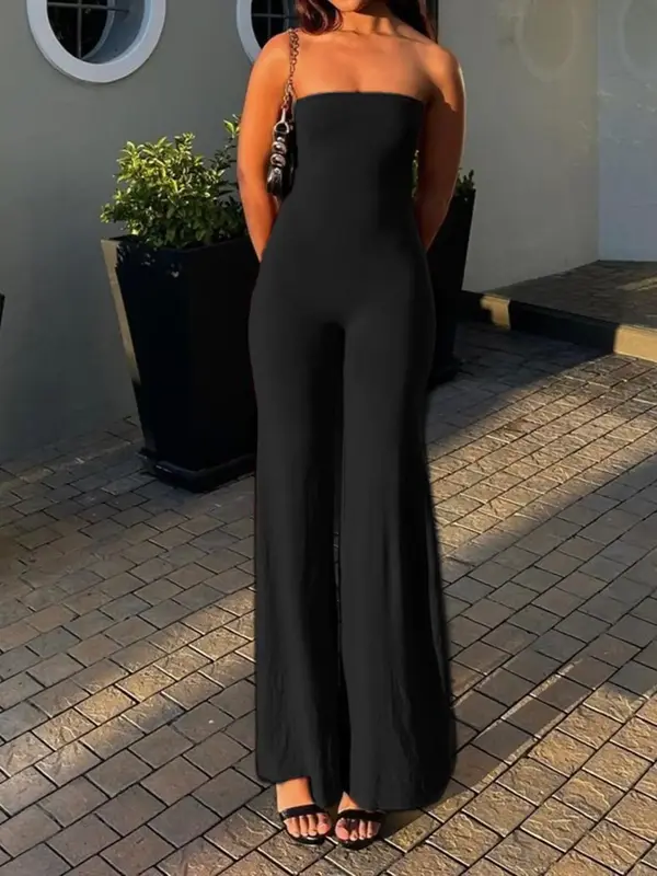 Women's Solid Backless Wide Leg Tube Jumpsuit, Chic Comfort Basic Minimalist Sleeveless Jumpsuit for Summer, Lady's Clothes f...