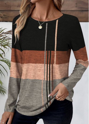 Modlily Black Patchwork Geometric Print Long Sleeve T Shirt - M