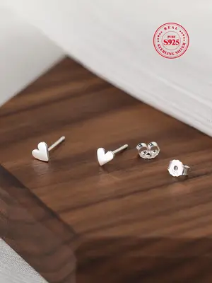 925 Sterling Silver Heart Shaped Silver Earrings, Cute Stud Earrings for Party, Daily Clothing Decor, Trendy All-match & Exqu...