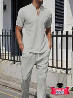 Two-piece Set Men's Solid Waffle Tee & Pants Set, Casual Shortsleeve T-shirt & Trousers, Men's Summer Clothes for Daily Wear,...