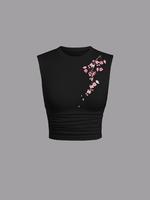 Women's Cherry Blossom Print Round Neck Tank Top, Fashion Casual Sleeveless Top for Daily Outdoor Wear, Ladies Clothes for Su...