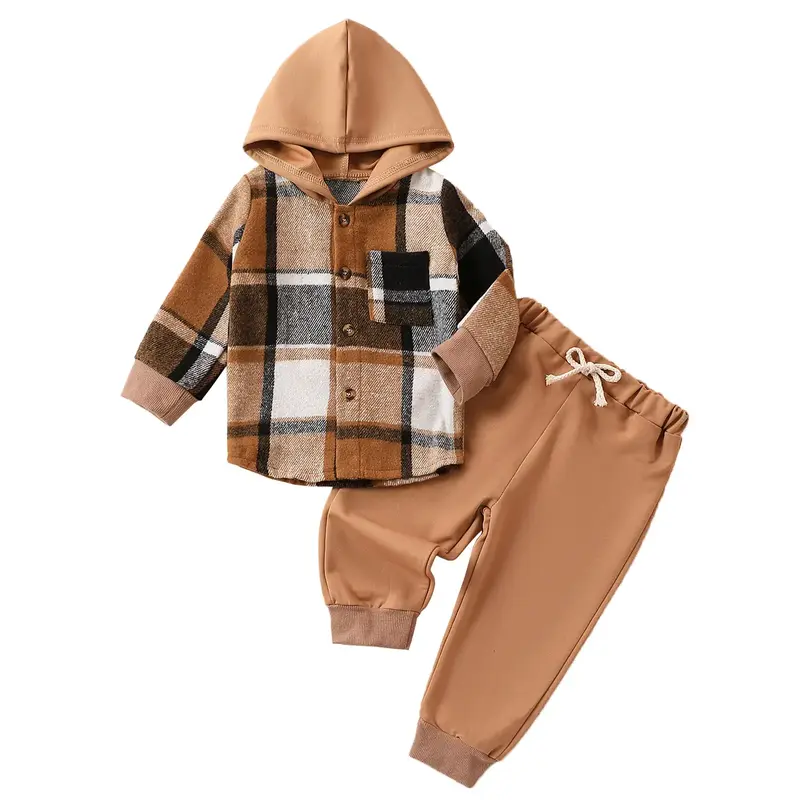 Toddler Baby Boys Outfits Long Sleeve Plaid Print Hooded Sweatshirt Pullover Top with Elastic Waist Pants Sets 2 Piece Clothe...